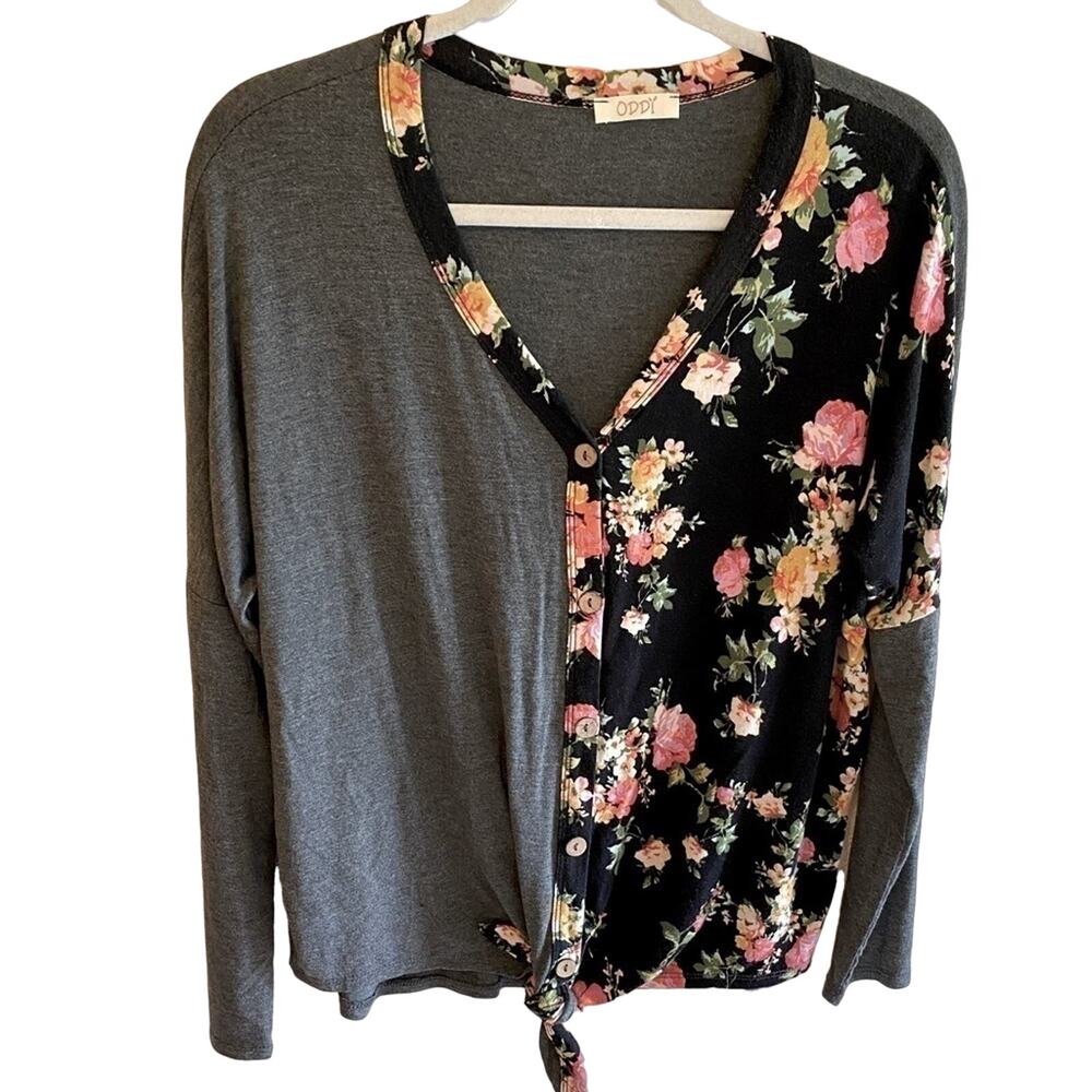 Oddy Grey Black Long Sleeve Floral Print Oversized V-Neck Soft Stretchy Top S